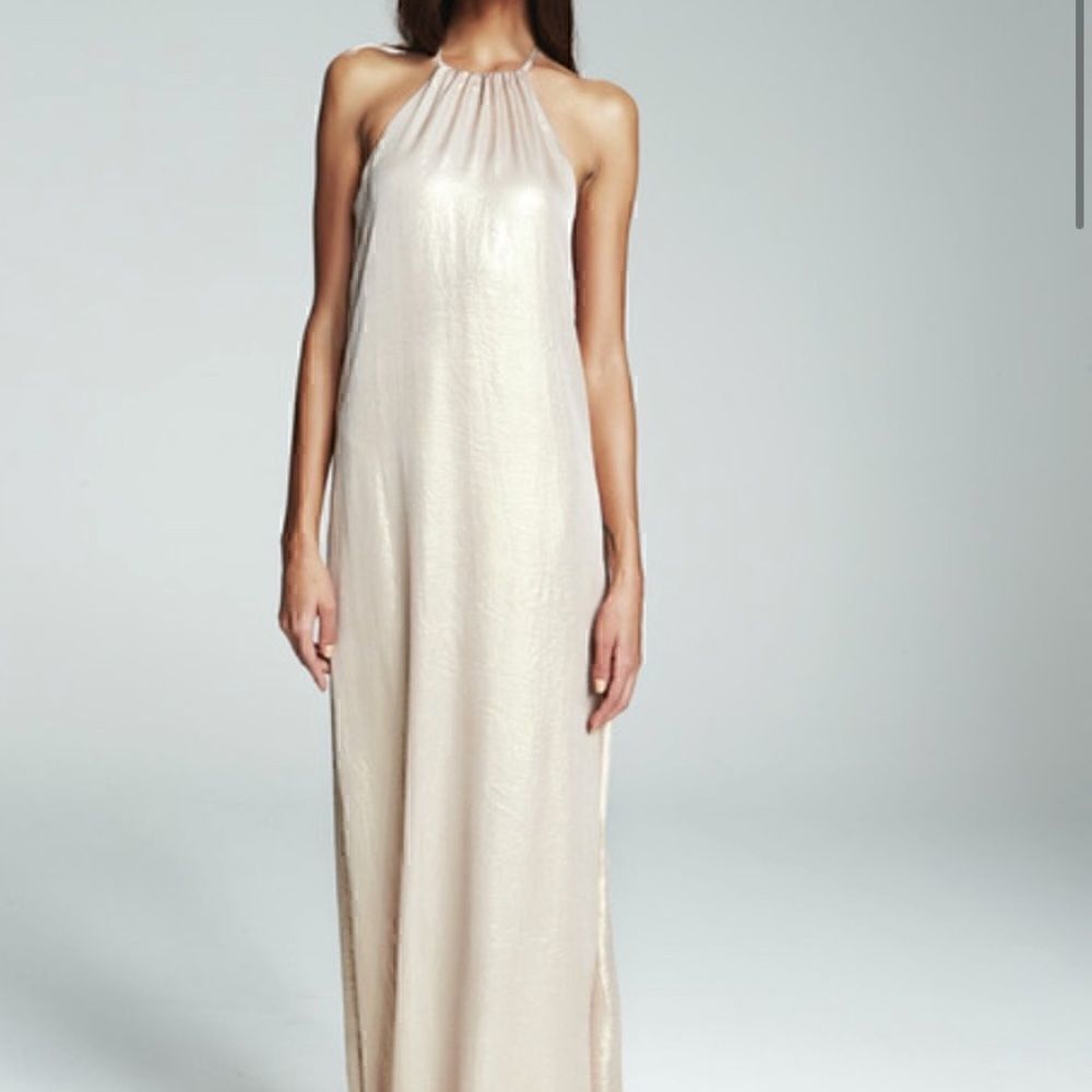 NWT AMSALE Rose Gold Metallic Halter Gown